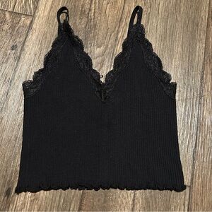 Love Tree Black Ribbed Seamless Lace Detail Cropped Cami Small
